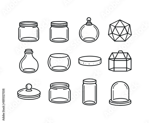 Glass Terrarium Icons. Glass Terrarium Containers. Line icon set of Glass Terrarium Containers: open glass jar, closed glass jar, hanging terrarium, geometric