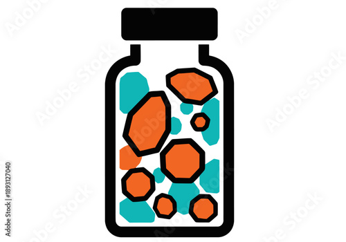 A stylized bio vial icon filled with colorful spore shapes. Clean, modern design. Ideal for science, health, or biotechnology visuals.