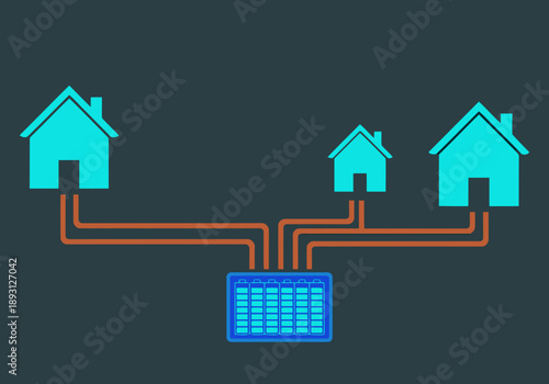 A stylized graphic illustrates smart grid energy distribution, connecting multiple houses to a central power source. Modern, digital design with a dark teal background.