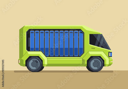 A stylized, electric cargo van illustration. Modern, bright green design with blue panel details. Ideal for logistics, transportation, and technology concepts.