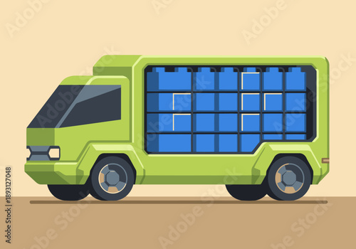 A stylized electric logistics cargo van transports blue boxes. Modern, flat design illustration. Ideal for business and logistics themes.