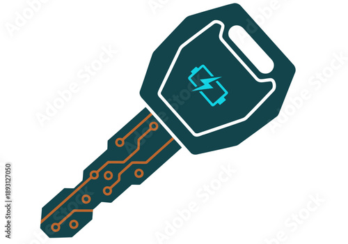 A stylized key with a battery icon represents smart EV access. Modern, vibrant design. Ideal for tech and automotive visuals.