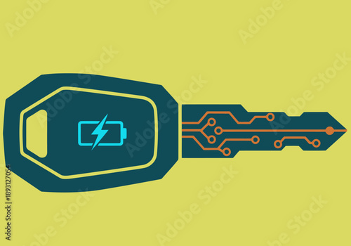 A stylized key with circuit board details and a battery icon represents smart EV access. Modern, vibrant design. Ideal for tech and automotive themes.