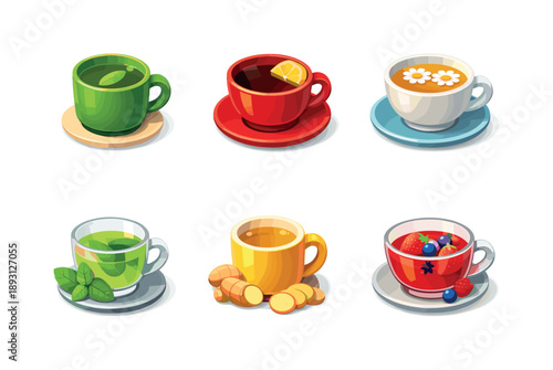 Colorful Tea Icons. Tea flavors. Isometric flat vector icons set of Tea flavors: green tea in mug, black tea with lemon, chamomile tea in cup, mint tea with