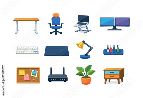 Modern Workspace Icons. Modern workspace. Colorful flat vector icons set of modern workspace: standing desk, ergonomic chair, laptop stand, dual monitors,