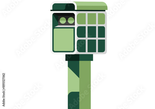 A stylized sensor pole with an early warning display. Modern, geometric design. Clean, green and grey color palette. Suitable for tech, urban, or environmental themes.