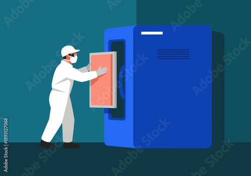 A technician installs a ceramic energy bank. The image features a blue unit and a worker in a protective suit, highlighting a modern energy solution. Clean, professional style.