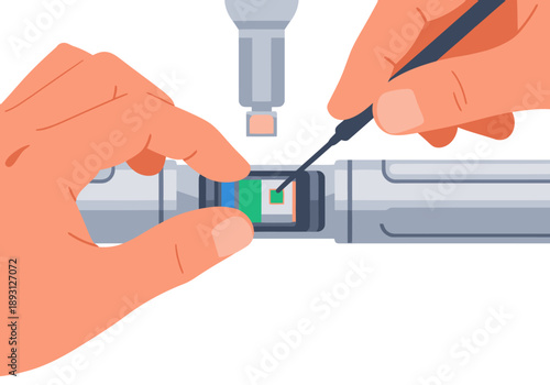 A technician installs a medical sensor onto a device. Clear, detailed close-up showcasing precision and technology. Modern, professional setting.