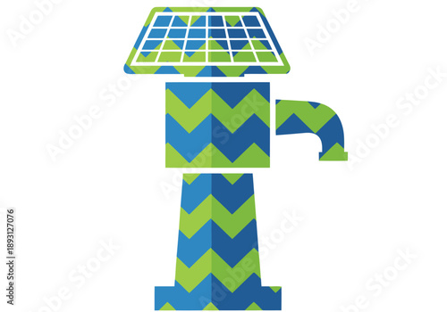 A stylized solar pump symbol, featuring a blue and green tower with a solar panel. Clean, modern design. Ideal for tech, sustainability, and renewable energy visuals.