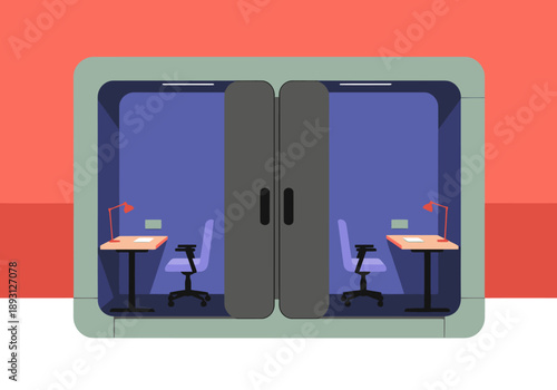 Two modern work cabins offer double privacy for corporate professionals. Each features a desk, chair, and lamp. Clean, minimalist design for focused work.