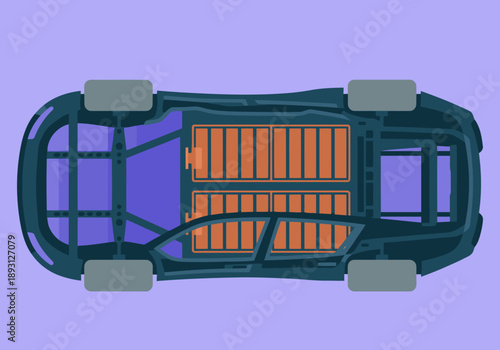 Top view of a sleek electric vehicle showcasing its battery pack. Modern, minimalist design. Ideal for tech, automotive, and sustainability visuals.