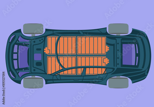 Top view electric vehicle illustration showcasing battery pack. Modern, clean design. Ideal for tech, automotive, and sustainability concepts.