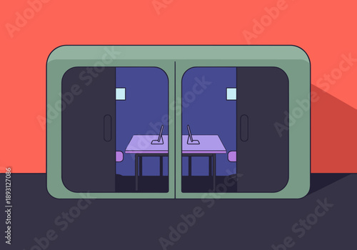 Two private work cabins offer focused productivity. Modern design with dual screens and muted tones. Ideal for corporate or remote work spaces.