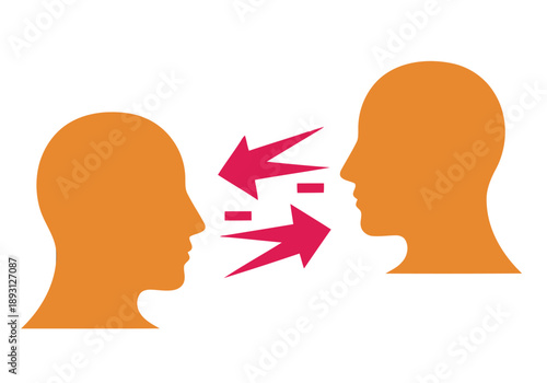 Two figures exchange empathy, represented by neon energy arrows. A clear symbol of understanding and connection. Modern, vibrant illustration.