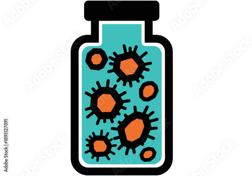 A vibrant bio vial illustration showcases microscopic spores within a teal container. Clean, modern design with bold lines and a clear spore symbol. Ideal for science, biology, or health concepts.