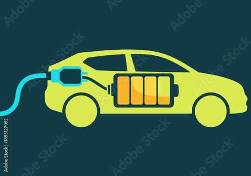 A vibrant electric car rapidly charging with a sleek cable. Illustrates sustainable power and fast charging technology. Modern, clean design.