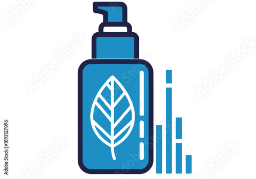 A vibrant blue icon depicts a cosmetic serum bottle with a leaf, symbolizing natural beauty and skincare. Clean, modern design for beauty product marketing.