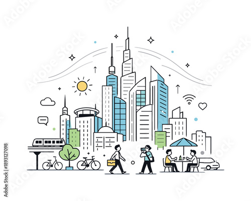 Vertical Urban Growth. Vertical city growth. Tall modern buildings rising upward, efficient land use and dense urban life, gentle upward motion lines