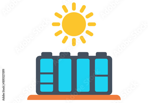 A vibrant illustration depicts solar panels feeding into a battery storage system connected to a power grid.  Bright, clean design for energy concepts.