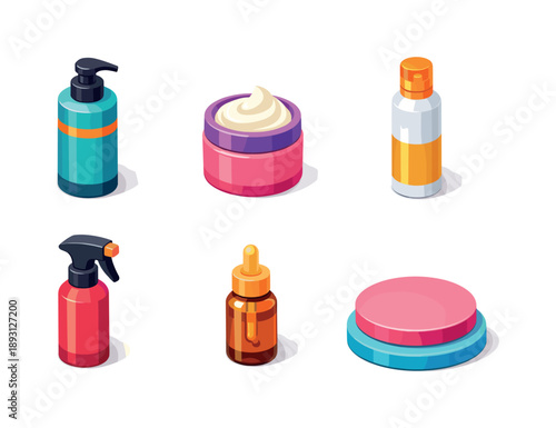 Salon Products Icons. Salon Products. Isometric flat vector icons set of Salon Products: professional shampoo bottle, hair mask tub, styling mousse bottle,