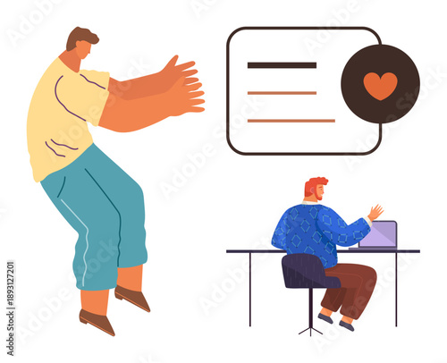 Digital communication, teamwork, online connection, social networks, collaboration, virtual meetings. A man in a workspace and another reaching toward a digital interface. Digital communication
