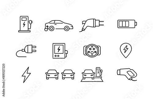 Public Charging Icons. Public Charging. Line icon set of Public Charging: street charging station, EV parked, charging plug inserted, energy indicator, power