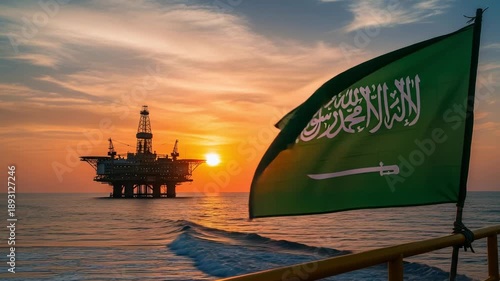 Offshore oil rig platform at sunset with the Saudi Arabian flag waving in the foreground over the sea