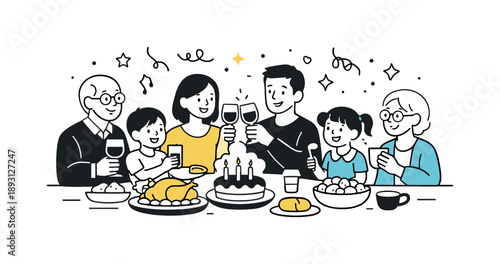 Family Festivity. Family celebration scene. A warm editorial illustration of a family gathered around a festive table, sharing smiles and enjoying a peaceful