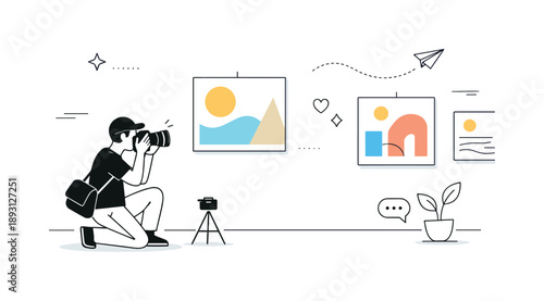 Editorial Art Photography. Art exhibition photography. A photographer documenting paintings on gallery walls, focusing on detail and perspective