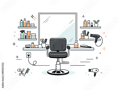 Stylish Salon Setup. Hair stylist workstation. Styling chair facing a large mirror with shelves holding hair products and tools, tidy and organized space.