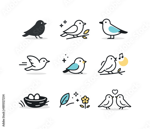 Minimalist Bird Icons. Minimal bird icons. Simple bird silhouettes and line-based icons arranged neatly, modern nature-themed graphics suitable for editorial