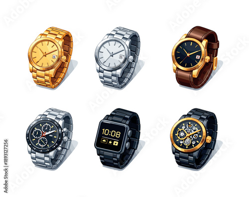 Luxury Wristwatch Collection. Luxury watch. Isometric flat vector icons set of luxury watch: gold wristwatch, silver wristwatch, leather strap watch,