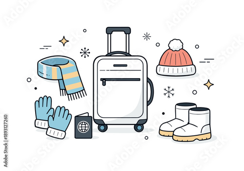 Winter Travel Essentials. Winter travel accessories. A clean arrangement of cold-season travel items like scarf, gloves, hat, and suitcase, showing calm