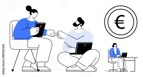 Remote work concept. Remote work fosters teamwork, digital communication, and productivity. Remote work in international business and currency transactions. Relevant for tech, finance, and business