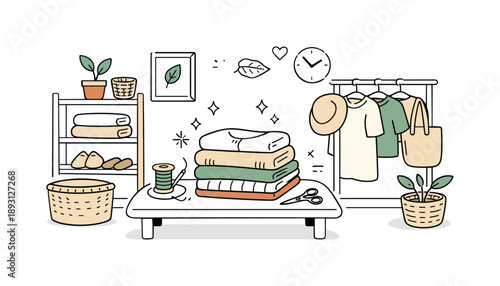 Cozy Slow Fashion Room. Slow fashion lifestyle. A cozy room with neatly folded garments, natural fabrics, and simple storage. A sense of care, quality, and