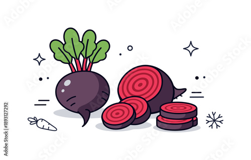Winter Root Vegetables. Winter root vegetables. Whole and sliced beetroots displayed in a simple still life composition. Natural freshness and seasonal food
