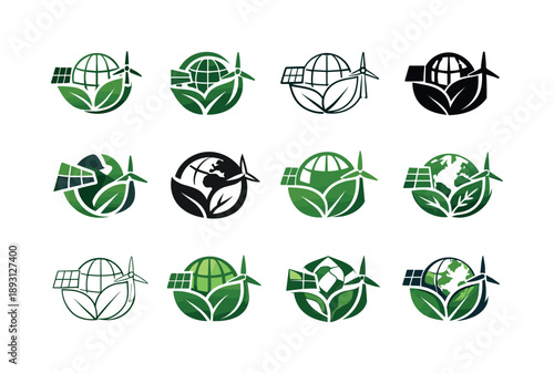 Renewable Energy Icon Set. Renewable energy credits. Icon set. Set Logo of Renewable energy credits: carbon-neutral certification icon. harmonious logo