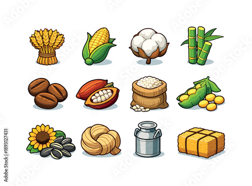 Agricultural Icons Set. Agricultural raw materials. Colorful isometric vector icons set of Agricultural raw materials: wheat sheaf, corn cob, cotton boll,