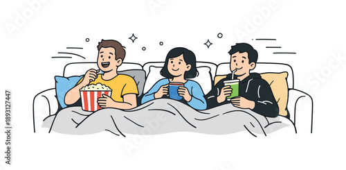 Cozy Movie Night. Watching a film together. People reclining on a sofa with soft cushions and blankets, holding popcorn or drinks, focused on the screen with