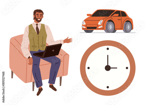 Business, productivity, time management, transportation concepts, efficiency, remote work. Man sitting with laptop, orange car and analog clock . Productivity and time management