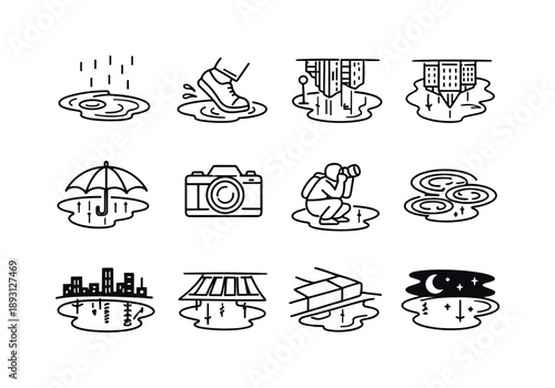Puddle Reflection Icons. Puddle Reflection Shots. Line icon set of Puddle Reflection Shots: rain puddle, shoe step, street reflection, building upside down,