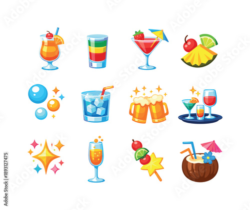 Colorful Party Drinks. Party Drinks. Colorful flat vector icons set of Party Drinks: colorful cocktails, layered drink glass, fruit garnish, umbrella pick,