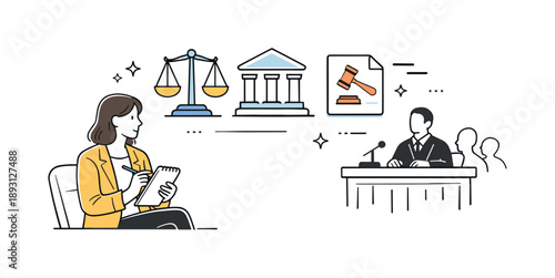 Courtroom Journalism Scene. Journalism and law. A courtroom-inspired scene with a journalist taking notes quietly while legal symbols appear in simplified