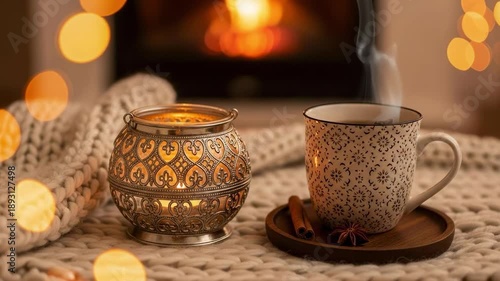 Wallpaper Mural Cozy winter scene with a steaming cup of tea, decorative candle lantern, and cinnamon sticks on a chunky knit blanket by a warm fireplace with bokeh lights. Torontodigital.ca