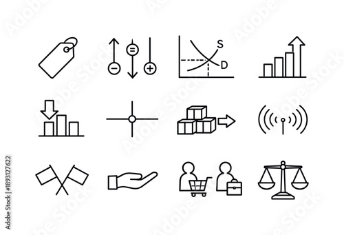 Price Mechanism Icons. Price Mechanism. Line icon set of Price Mechanism: price tag, adjustment arrows, supply demand graph, rising price arrow, falling price