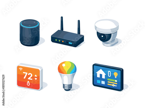 Smart Home Icons. Smart home. Isometric flat vector icons set of smart home: smart speaker, wifi router, security camera, smart thermostat, smart light bulb,
