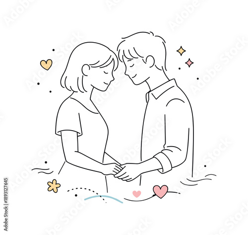 Minimalist Romantic Line Art. Romantic line art illustration. A couple standing close together, hands gently touching, thin flowing lines and lots of white