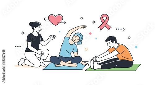 Gentle Yoga Wellness. Therapeutic exercise session. Participants doing gentle yoga or stretching under guidance, abstract heart or cancer awareness symbols