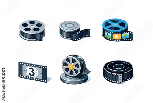 Cinematic Icon Grid. Cinematic film. Isometric flat vector icons set of cinematic film: 16mm film reel, movie film roll, reel with visible frames, film
