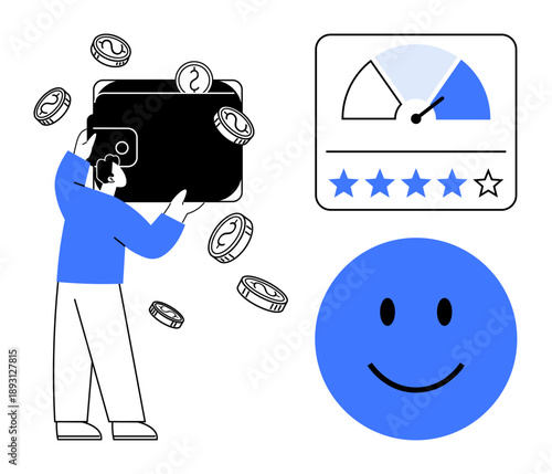 Financial success concept. financial success with a wallet, coins, and satisfaction symbols. Financial success drives customer trust, ratings, and progress tracking. For banking, e-commerce fintech